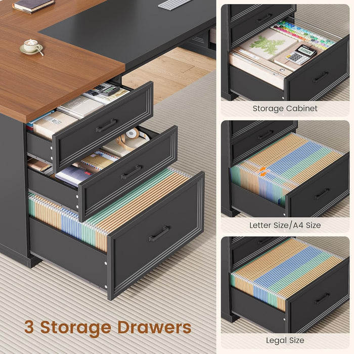 78.7" L Shaped Executive Desk with Charging Station, Large Home Office Computer Desk with File Drawers & Adjustable Storage Cabinet, CPU Stand, Modern L Desk for Business, Black + Brown