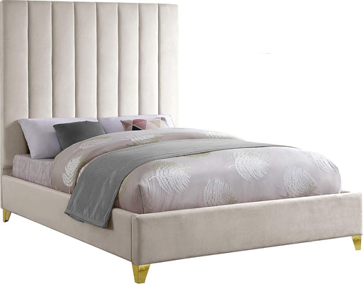Viacream-K via Collection Modern | Contemporary Velvet Upholstered King Bed, Rich Cream , Deep Channel Tufting, Gold and Chrome Legs, 81.5" W X 86" D X 70.5" H, Cream