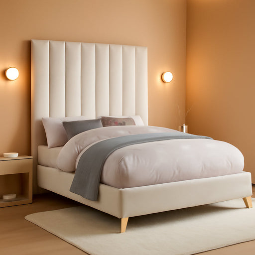 Viacream-K via Collection Modern | Contemporary Velvet Upholstered King Bed, Rich Cream , Deep Channel Tufting, Gold and Chrome Legs, 81.5" W X 86" D X 70.5" H, Cream