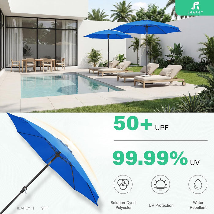 9FT Outdoor Patio Umbrella,Market Table Umbrella with 8 Fiberglass Ribs, Pool Umbrella with Tilt and Crank, UV Protection Lightweight & Wind-Resistant for Lawn, Garden, Deck and Backyard, Royal Blue