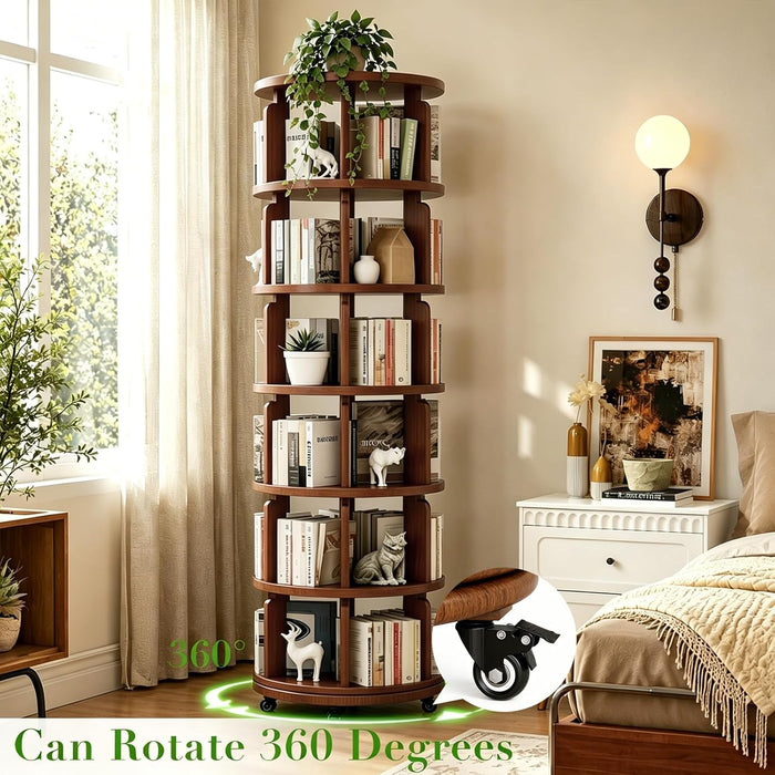 6 Tier 360° Rotating Solid Wood Bookshelf with Wheels | ,Lazy Susan Circular Spinning Revolving Corner Bookcase, Freestanding Storage Shelf for Bedroom Small Space, Walnut