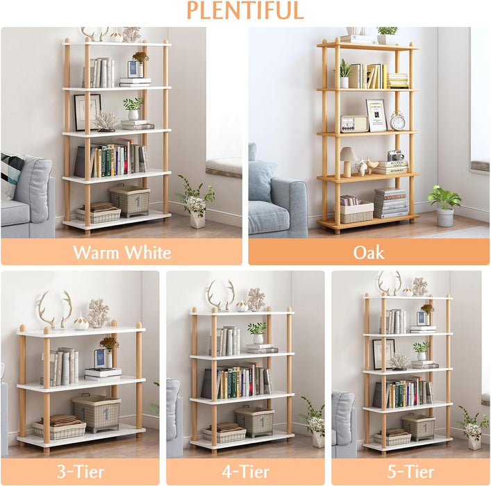 5-Tier Wooden Shelf Bookcase, Freestanding Open Bookshelf, Oak | Beech Wood Frame, 0.63" Shelves, Display Storage for Books, Plants, Decor, Living Room, Bedroom, Home Office
