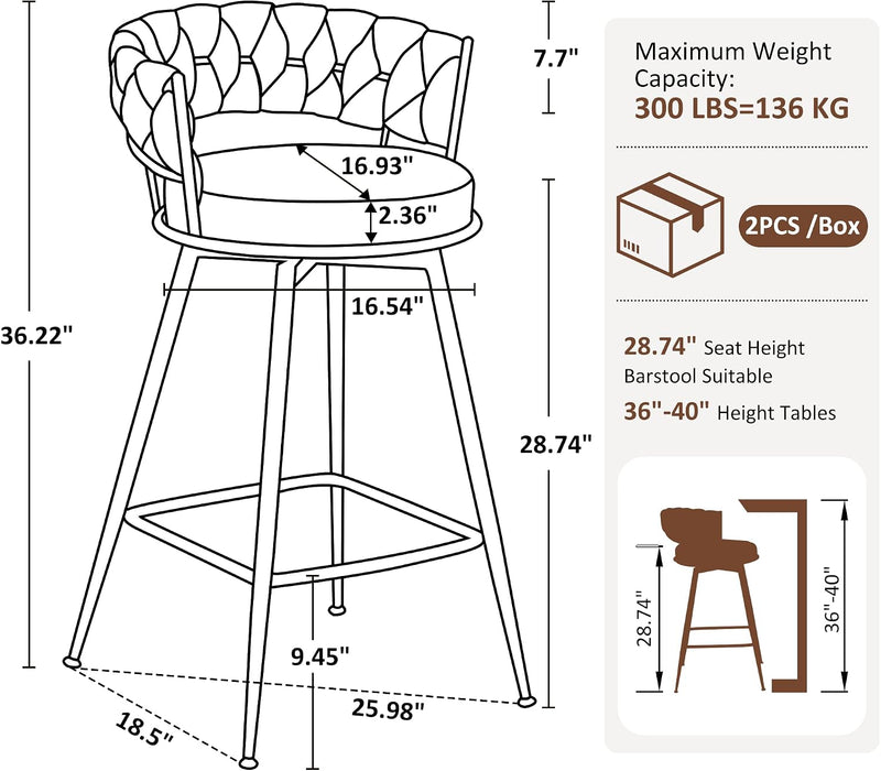Bar Stools Set of 2 Upholstered Kitchen Counter Height Barstool Green | Chenille Fabric Foam Cushion with Woven Back, 28.8" High Comfy Modern & Farmhouse Swivel Breakfast Bar Islands Chairs, 300Lb