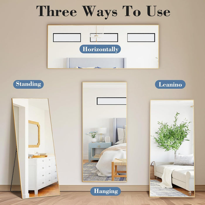 Full Length Mirror with Stand, 56"X15" Floor Mirror with Aluminum Alloy Frame for Bedroom, Standing Full Body Mirror with Shatter-Proorf Nano Glass for Wall, Living Room, Cloakroom, Gold
