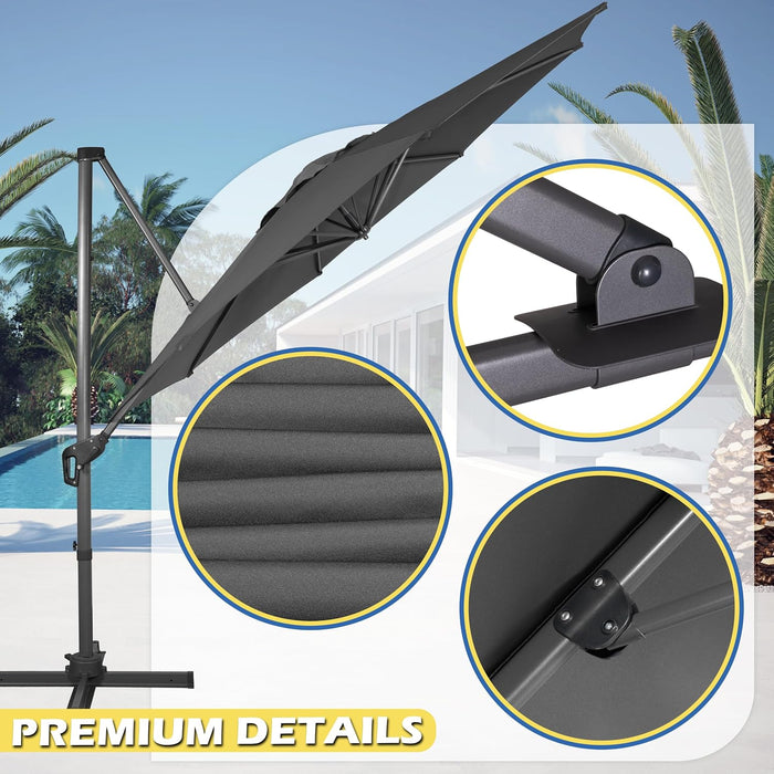 10Ft Cantilever Patio Umbrella, 360° Rotation & Integrated Tilting System Offset Umbrella with 8 Sturdy Ribs, Fade-Resistant & Waterproof for Garden Backyard Poolside Deck