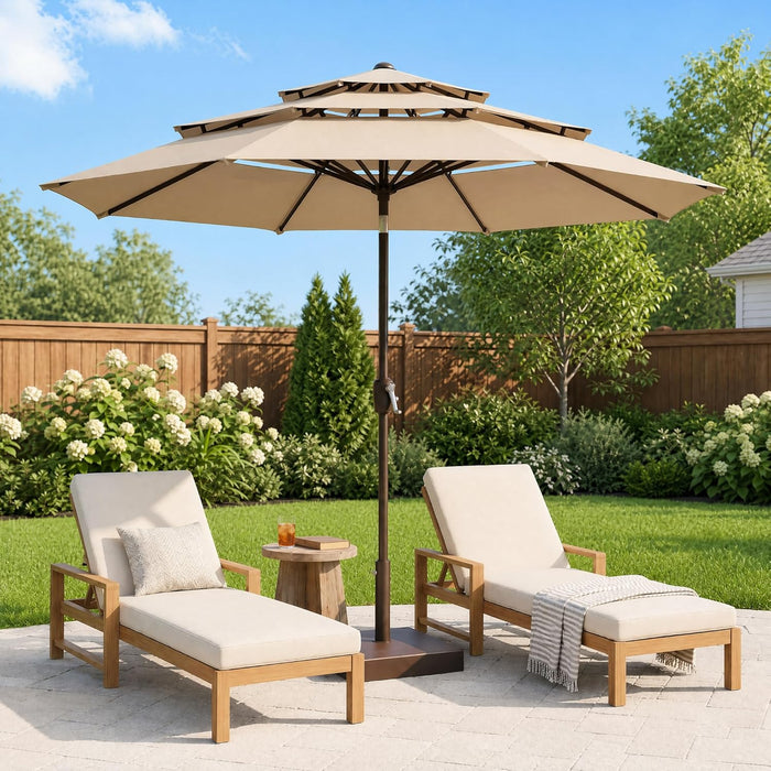 10 FT Patio Umbrella, 3 Tier Outdoor Table Umbrella with 8 Sturdy Glass Fiber Ribs and Push Button Tilt, Outdoor Patio Umbrellas for Market Pool Garden Backyard, 1.5" Pole, Champagne (No Base)