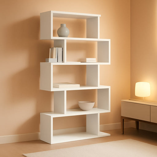 Wooden Bookcase, Display Shelf and Room Divider, Freestanding Decorative Storage Shelving, 5-Tier Bookshelf, White