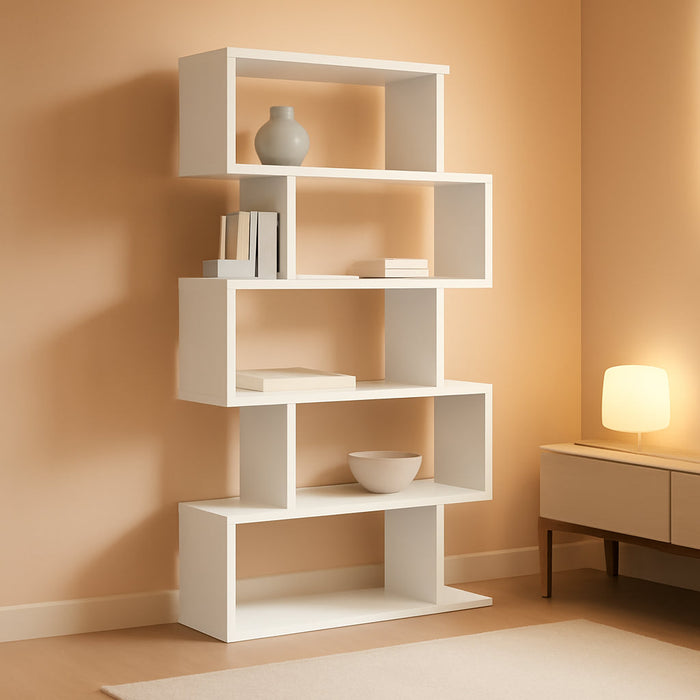 Wooden Bookcase, Display Shelf and Room Divider, Freestanding Decorative Storage Shelving, 5-Tier Bookshelf, White