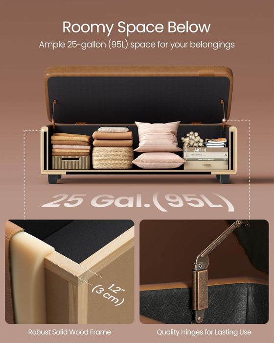 EKHO Collection - Storage Ottoman Bench, Entryway Bedroom Bench, 25 Gallons, Synthetic Leather with Stitching, Mid-Century Modern, Safety Hinges, Loads 660 Lb, Caramel Brown ULOM075K01