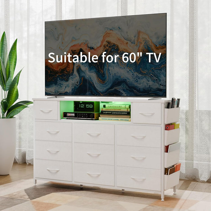 White Dresser for Bedroom with Power Outlets and LED Lights 11 Drawers Dresser with Side Pocket for Kids Bedroom, Fabric Chest of Drawers, for 60Inch TV Long Dresser Storage Organizer