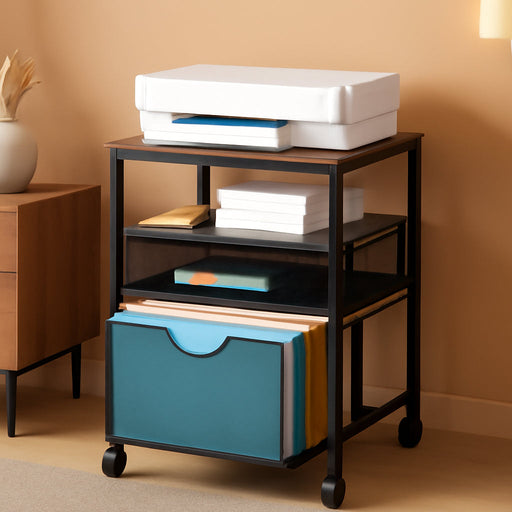 Rolling File Cart, File Cart for under Desk Storage, Mobile Wood & Mesh Filing Cabinet with Sliding Drawer, for A4, Hanging File Folders, Printer, 14.7" L X 11.8" D X 25.3" H