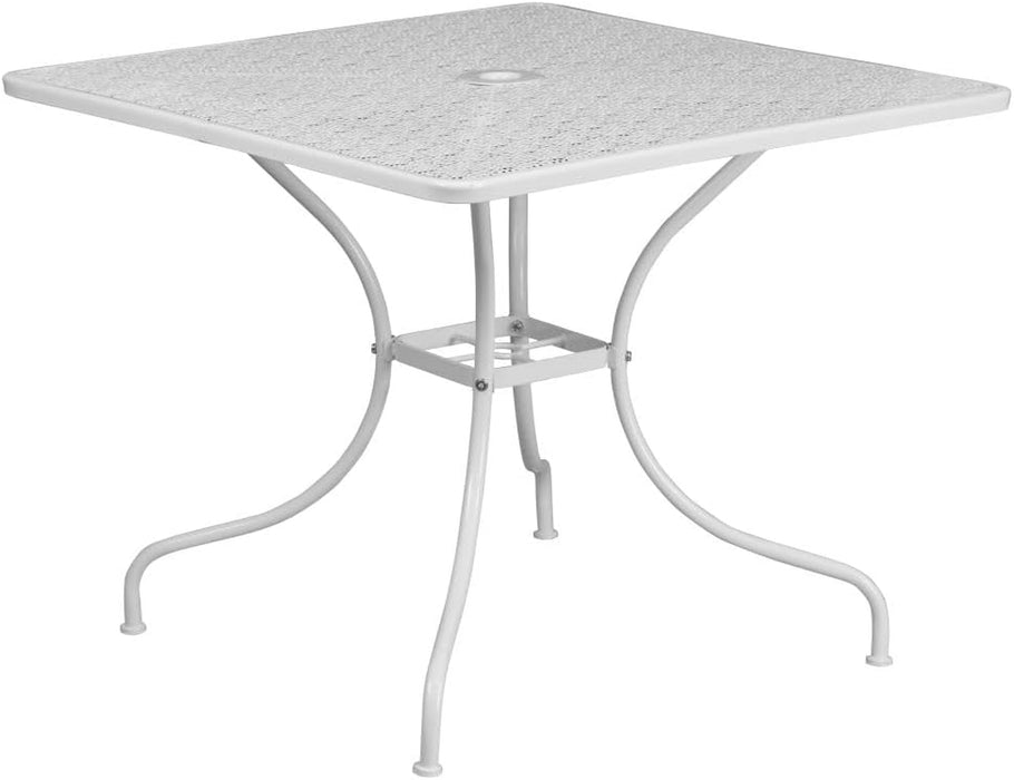 Oia Commercial Grade 35.5" Square White Indoor-Outdoor Steel Patio Table Set with 4 round Back Chairs