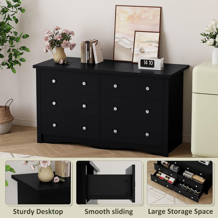 Black Dresser for Bedroom with 6 Drawers, 47.2" Wide Chest Storage Organizer and TV Stand for Living Room, Closet, Hallway, Dormitory
