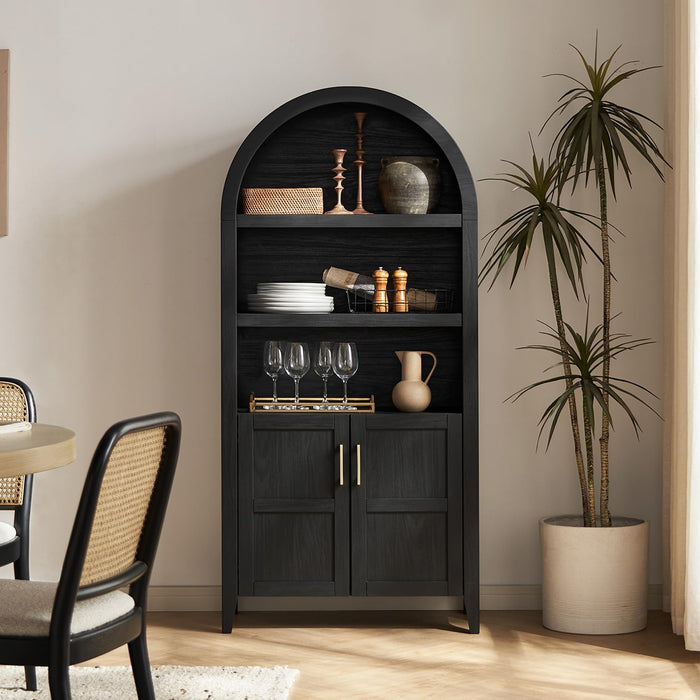 65.4Inch Arched Walnut Storage Bookcase With Doors