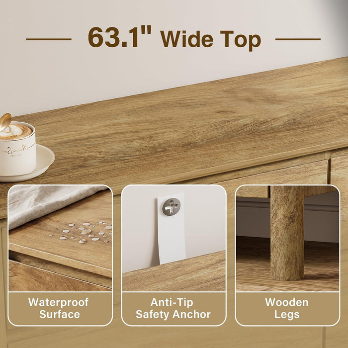 63" Wide 9 Drawer Wood Dresser for Bedroom with Legs, Natural Oak