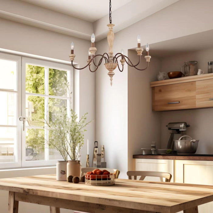 French Country Six Light Distressed Wood Chandelier