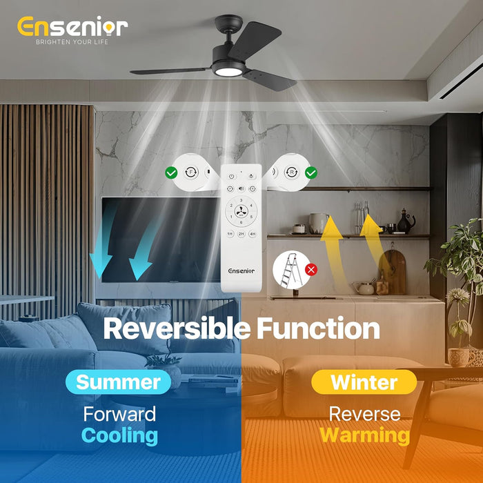 42 Inch Ceiling Fans with Lights and Remote, Small Bedroom Ceiling Fan with 3 Reversible Blades (Black/Wood), Quiet DC Motor, 6 Speeds, 3 Color, Memory Function, Modern Fan for Home, Black