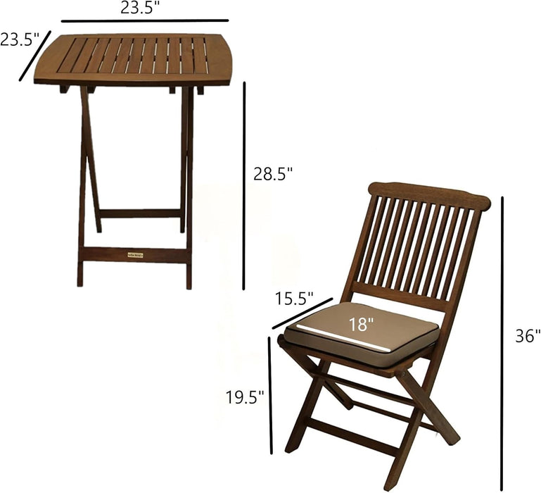Eucalyptus Wood 3-Piece Square Foldable Bistro Outdoor Furniture Patio Set, Table and 2 Chairs with Cushions, Beige