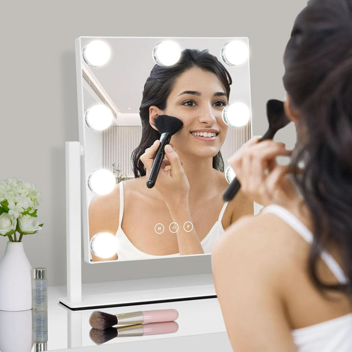 Vanity Mirror with Lights,Lighted Vanity Mirror with 9 Dimmable Bulbs for Dressing Room & Bedroom,3 Color Lighting,Modes Detachable 10X Magnification 360°Ratation(White)