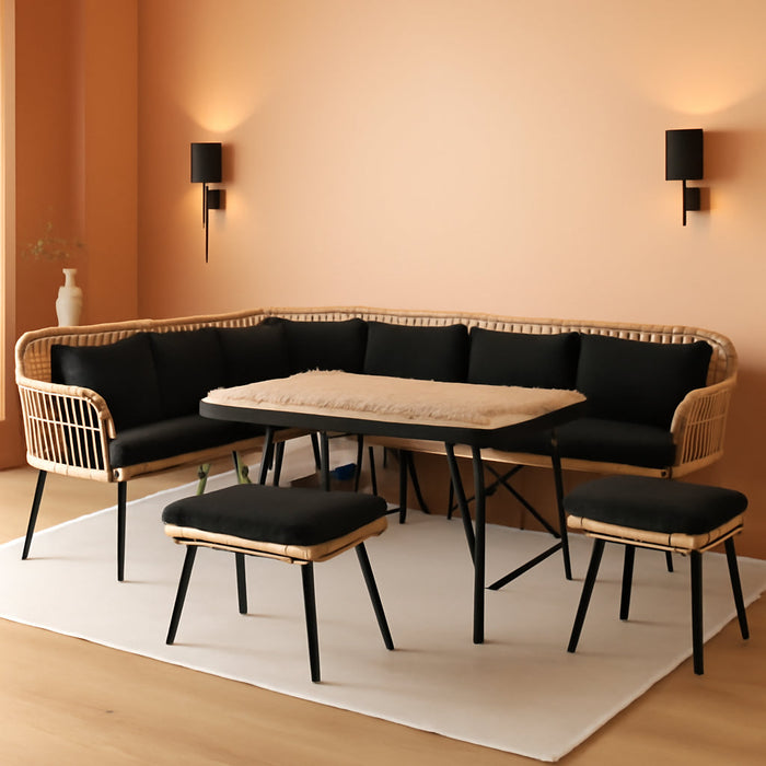 Patio Wicker L-Shaped Furniture Set, All-Weather Rattan Outdoor Conversation Sofa Set for Backyard Deck with Soft Cushions,Ottomans and Plastic Wood Dining Table (Light Brown+Black)