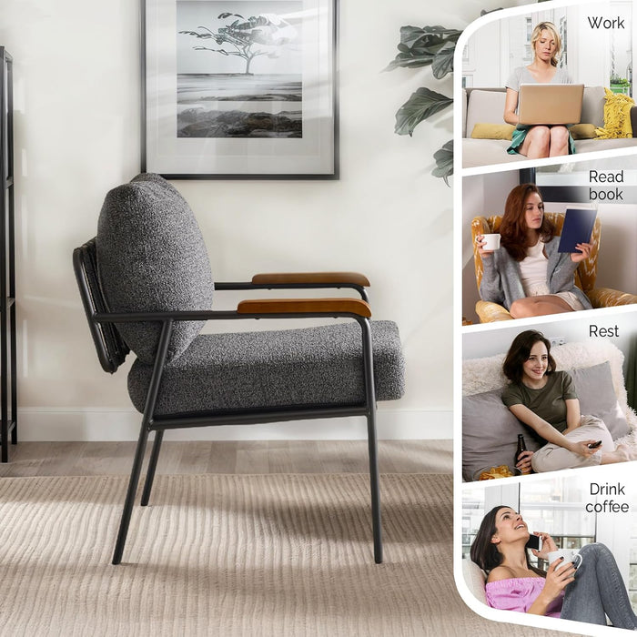 Contemporary Vintage Armchairs Linen Grey Wood Armrests