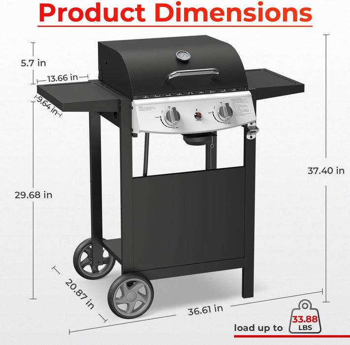 2-Burner Propane Gas Grill with Side Tables-20,000 BTU Stainless Steel Outdoor BBQ Grill,325 Sq.In. Portable with Side Storage Shelves and Wheels for Patio, Campingfor Patio & Camping,Black
