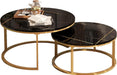 round Coffee Table Nesting Tables Set of 2, Large : Ø 34.0", Small : Ø 26.0", Modern Design Coffee Tables for Living Room, Gold Metal Frame Circle Cocktail Table, High Glossy Faux Black Marble