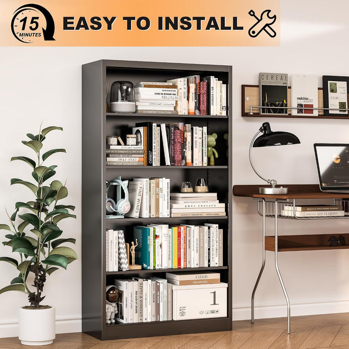 66" Tall Metal Bookcase, 5 Shelf Black Bookcase with Adjustable Shelves, Large Bookshelves and Bookcases, Modern Book Shelf Storage Organizer for Living Room, Home Office, Library (Black)