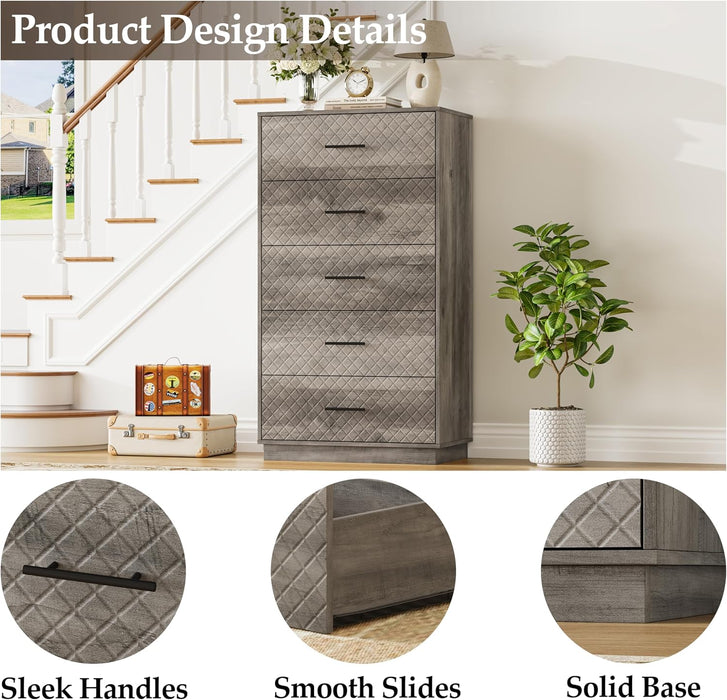 Tall Dresser with 5 Drawers, Modern Wooden Chest of Drawers with Diamond Panel, Anti-Tipping Device, Sturdy and Stable Storage Organizer for Bedroom, Hallway, Living Room