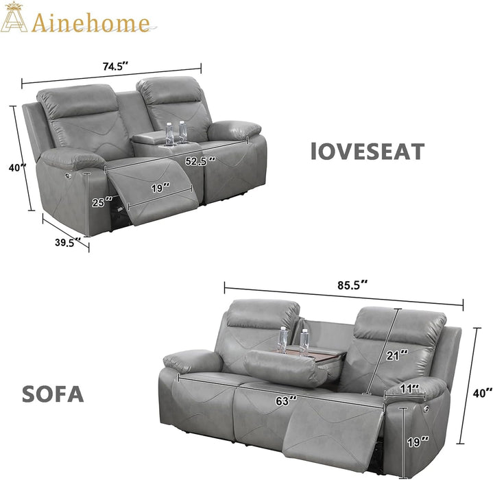 Power Leather Recliner Sofa Sets, 2 Pieces Living Room Furniture Sets with LED Lights, Grey Reclining Sofa Sets with USB Port for House/Office/Rv(A-Grey, Sofa+Loveseat)