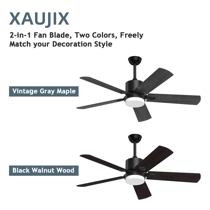 XAUJIX Ceiling Fan with Light and Remote Control, 52'' Black Ceiling Fan with Light, 6-Speed Reversible DC Motor, 5 Wood Fan Blades