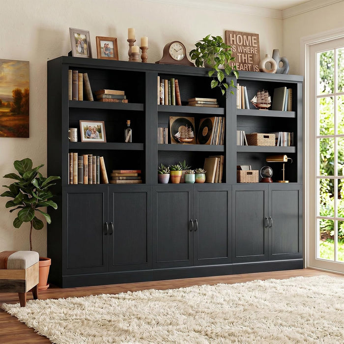 71” Tall Bookshelf and Bookcase with Doors and Adjustable Shelves | 5-Tier Storage Book Cases, Thick Wood and Sturdy, Industrial Display Cabinet for Living Room, Home Office, Bedroom, Black