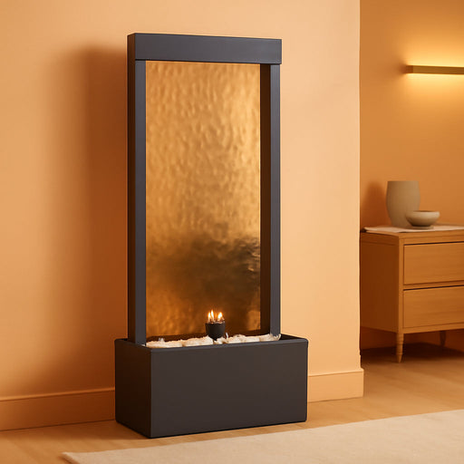 72" Tall Indoor/Outdoor Mirror Waterfall Floor Fountain, LED Lights & River Stones, Elegant Bronze Finish for Home, Office, Patio & Entryway Decor