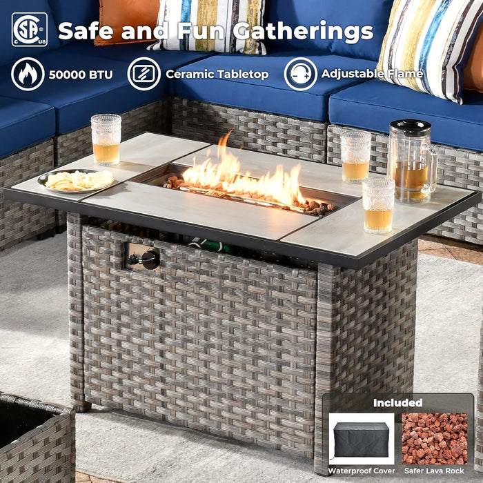 9 Pieces Patio Furniture Set, Outdoor Wicker Sectional Sofa with 42" Fire Pit Table Swivel Chair, Modern Modular Deep Seat Rattan Couch Conversation Sets, Navy Blue