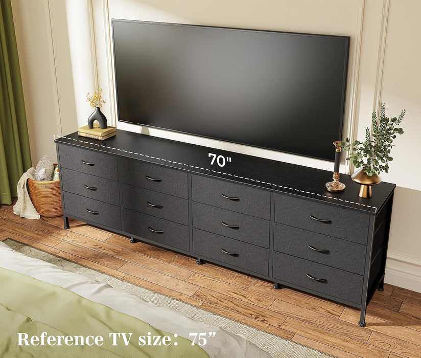 70 Inch Black Dresser for Bedroom, TV Stand for 65, 75, 80 Inch TV, 12 Fabric Drawer Long Dresser, Wide Chest of Drawer, Storage Units for Living Room
