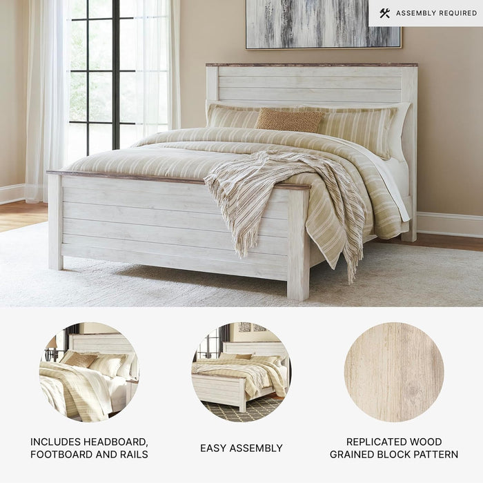 Signature Design by Ashley Willowton Shabby Chic Queen Panel Bed with Metal Slats, Foundation or Box Spring Needed, Whitewash