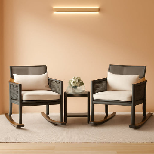 3-Piece Patio Wicker Rocking Chair Outdoor Conversation Bistro Set with Wood Armrest and Soft Cushions for Balcony, Lawn and Porch Poolside (Black)