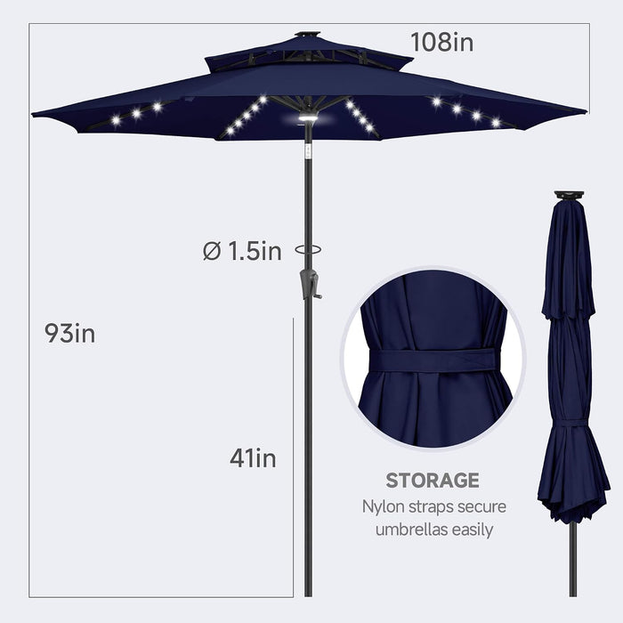 Solar Patio Umbrella with Centre Light, 9FT 2 Tiers, Navy Blue