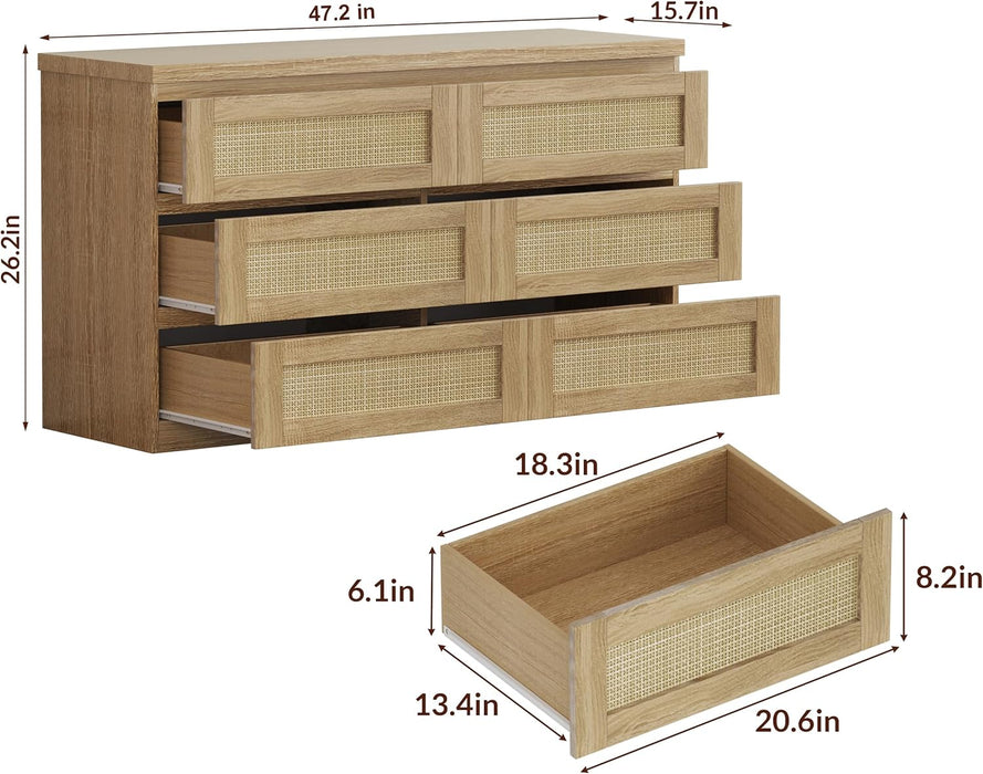 Rattan 6-Drawer Dresser for Bedroom - Slim Wooden Chest of Drawers, Durable Freestanding Storage Organizer Cabinet for Living Room and Entryway, Oak