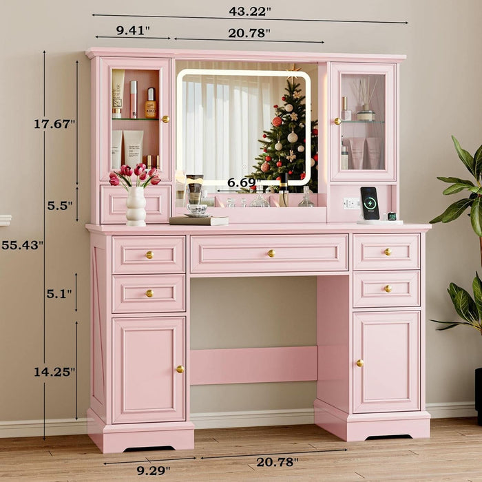 Vanity Desk with Lights, Large LED Mirror with 3 Color Modes, Makeup Vanity with Power Outlet & USB Ports, 6 Drawers & 2 RGB Glass Cabinets, Farmhouse Dressing Table for Women & Girls (Pink)