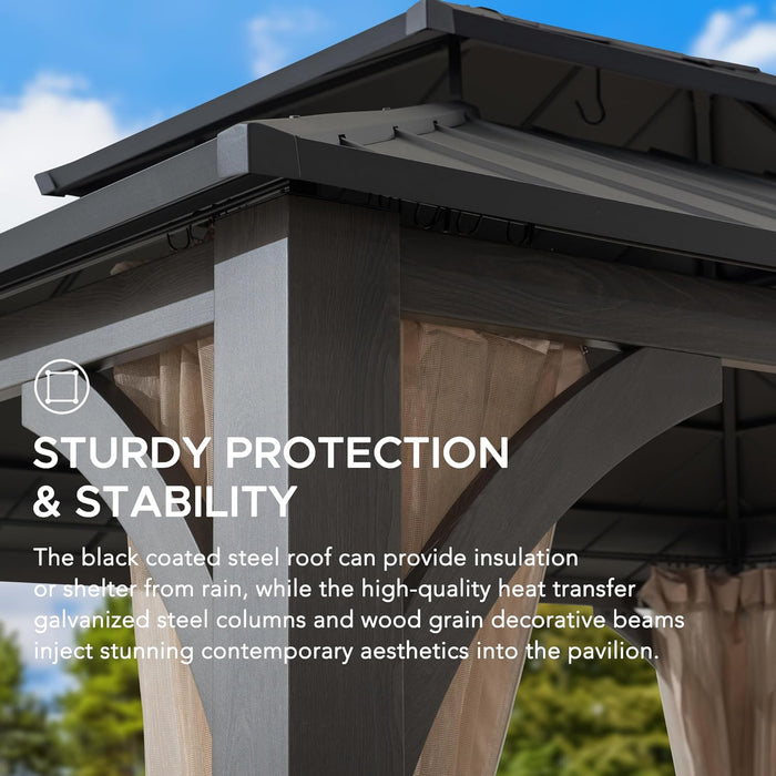 13'X15' Permanent Hardtop Gazebo – Outdoor Patio Gazebo with 4.6" Extra-Thick Woodgrain Frame, 2-Tier Galvanized Steel Double Roof & Mesh Netting, for Backyard, Lawn, Garden, Deck, Black
