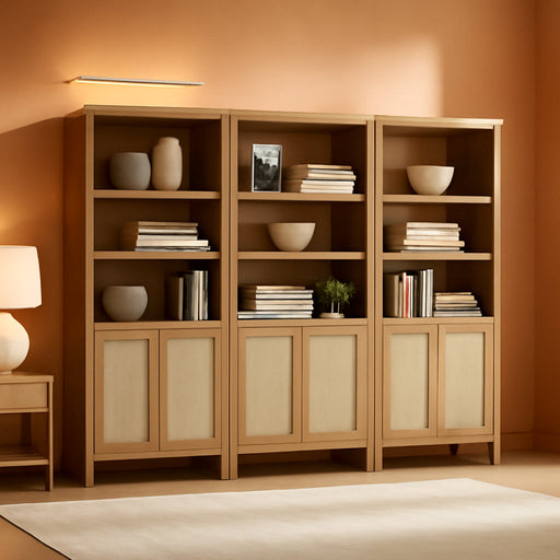 71" Tall Bookcase 5 Tier Rattan Bookshelf with Doors for Library | Farmhouse Storage Book Shelf with Adjustable Shelves Large Book Case Bookshelves for Living Room Home Office Bedroom Kitchen