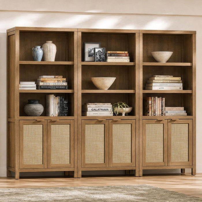 71" Tall Bookcase 5 Tier Rattan Bookshelf with Doors for Library | Farmhouse Storage Book Shelf with Adjustable Shelves Large Book Case Bookshelves for Living Room Home Office Bedroom Kitchen
