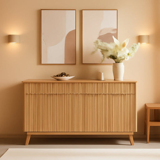60 Inch Fluted Buffet Sideboard Cabinet, Natural Oak | Modern Coffee Bar Storage Cabinet with 3 Drawers, for Dining Room, Living Room, Hallway, Oak Wood Grain, Adjustable Shelves