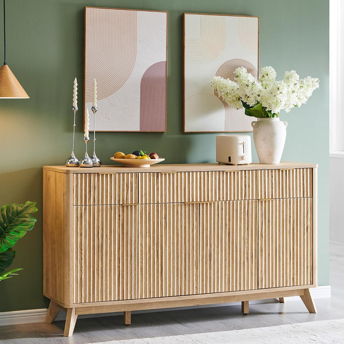 60 Inch Fluted Buffet Sideboard Cabinet, Natural Oak | Modern Coffee Bar Storage Cabinet with 3 Drawers, for Dining Room, Living Room, Hallway, Oak Wood Grain, Adjustable Shelves