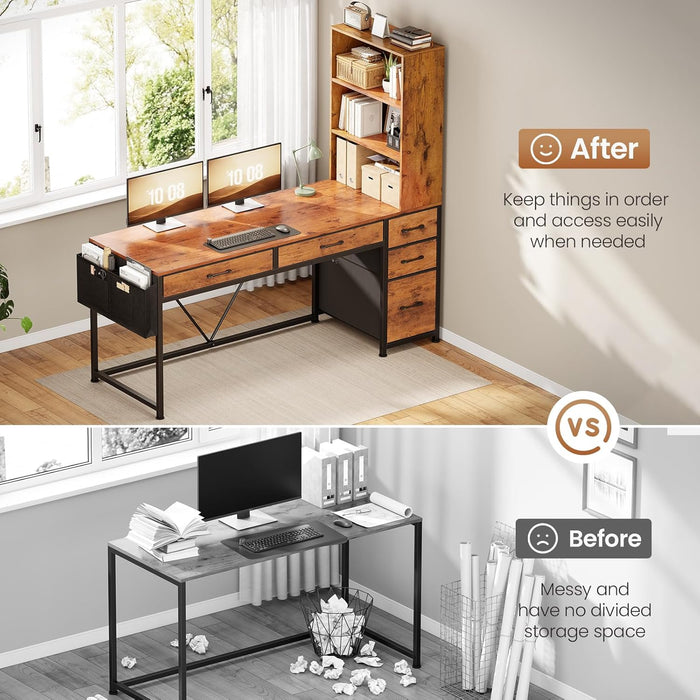Computer Desk with 5 Drawers and Bookshelf, Reversible Home Office Desk with Storage Shelves and File Drawer, Gaming Corner Desk with LED Lights for Small Spaces, Rustic Brown