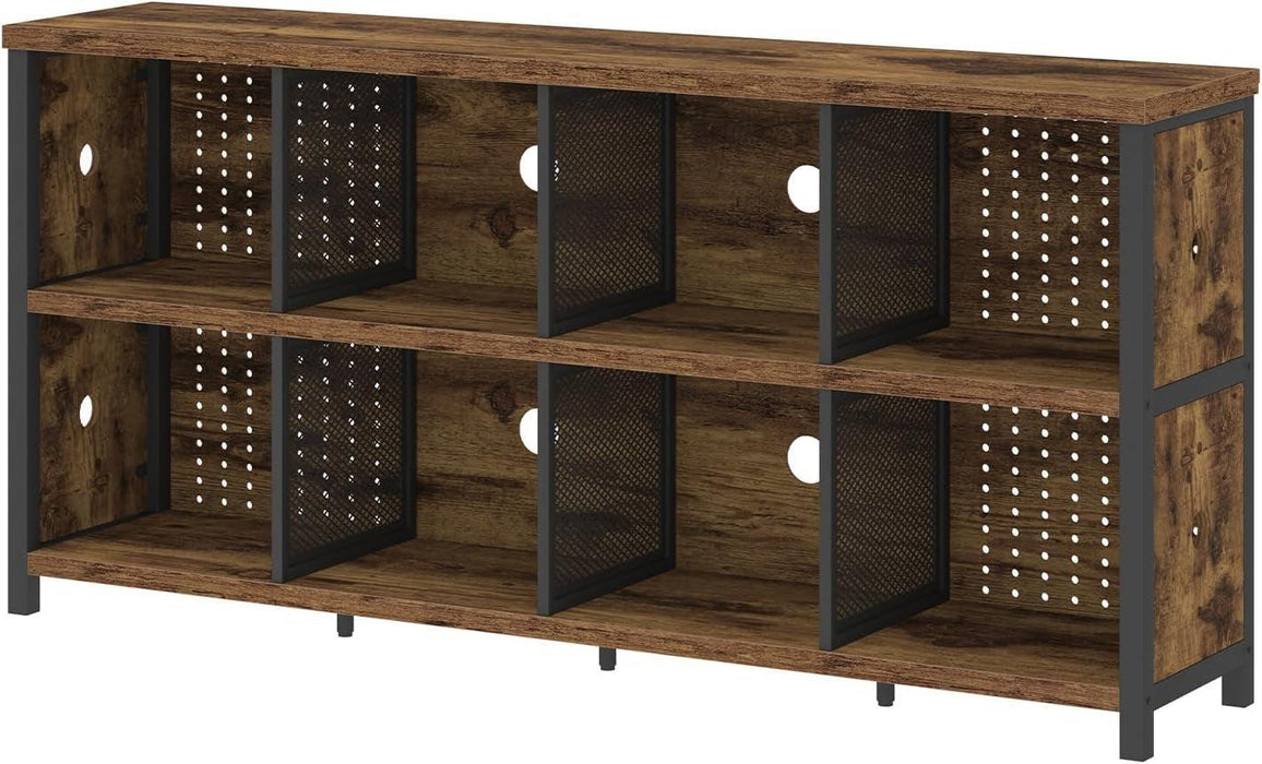 Rustic Horizontal Bookshelf, Industrial Bookcase Cube Storage Organizer, Wide Large Metal Wooden Office Cube Shelf, Farmhouse Low Long Book Shelf for Home Bedroom Living Room, Rustic Brown, 63 In