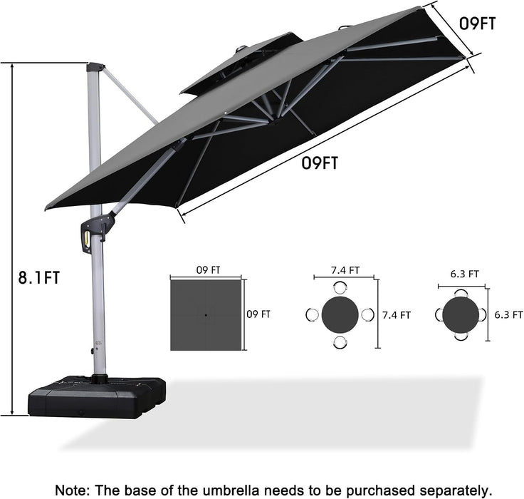 Cantilever Outdoor Umbrella 9' X 9' Square Double Top, Grey