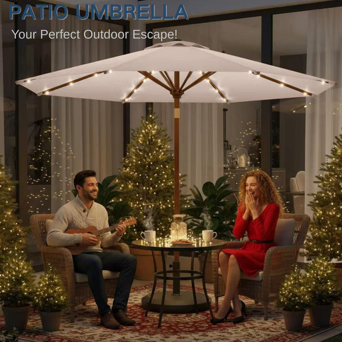 9' Solar LED Patio Umbrella with Tilt & Crank|8 Sturdy Ribs,Uv Protection,Outdoor Market Table Umbrella for Deck,Lawn,Pool,Backyard(Beige)