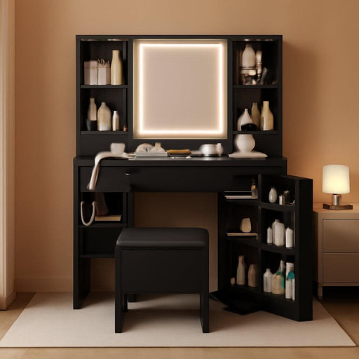 Vanity Desk with Mirror Lights, Storage Bench & Power Outlet, Corner Vanities with Rotating Cabinet & Drawers, 3 Light Settings Vanity Set, for Women Girls, Black